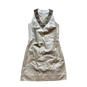 Beige Gold Sleeveless Linen Sheath Dress Embellished Women's Size 6